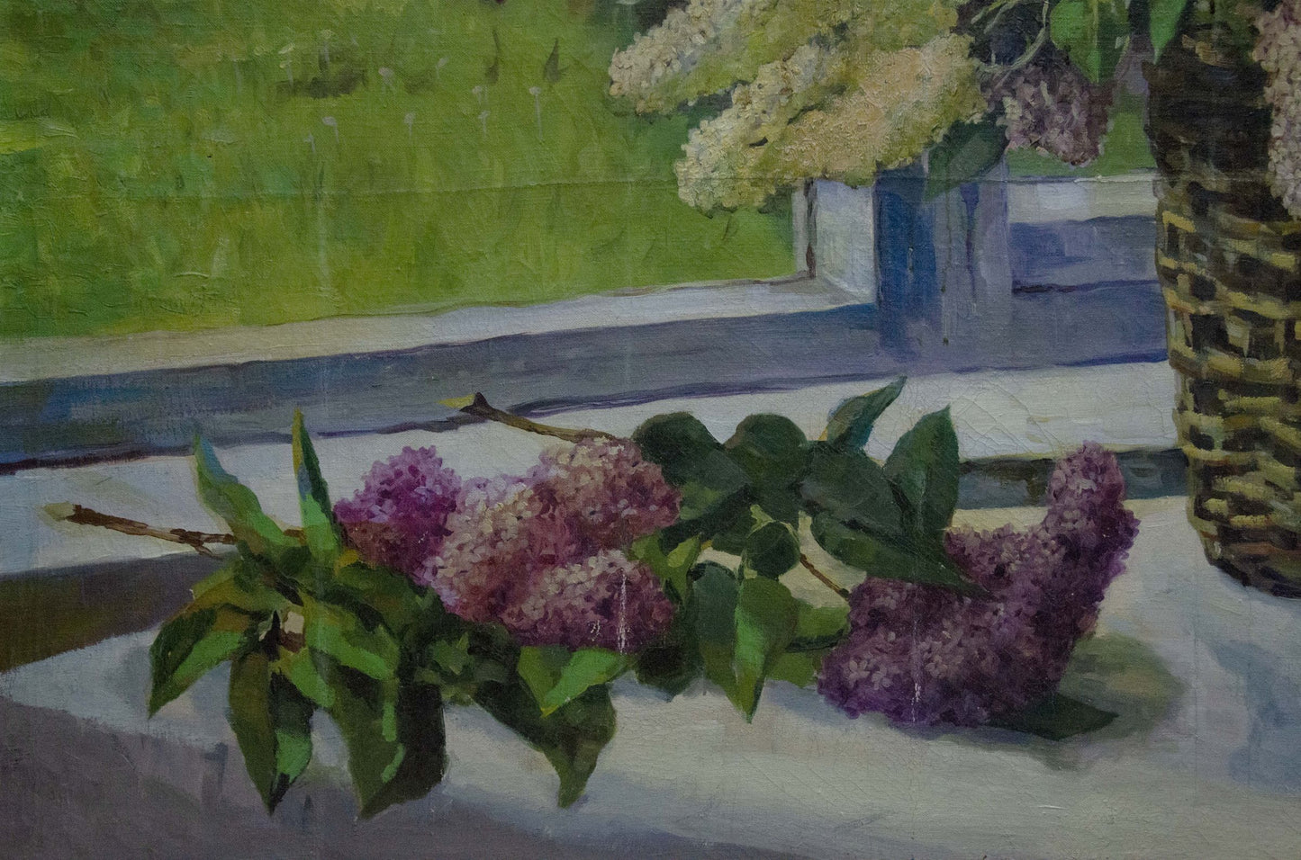Oil painting of purple lilac branch on windowsill by unknown artist