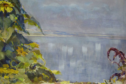 Vibrant watercolor sunflowers by Sidoruk Vladimir Fedorovich framing serene lake