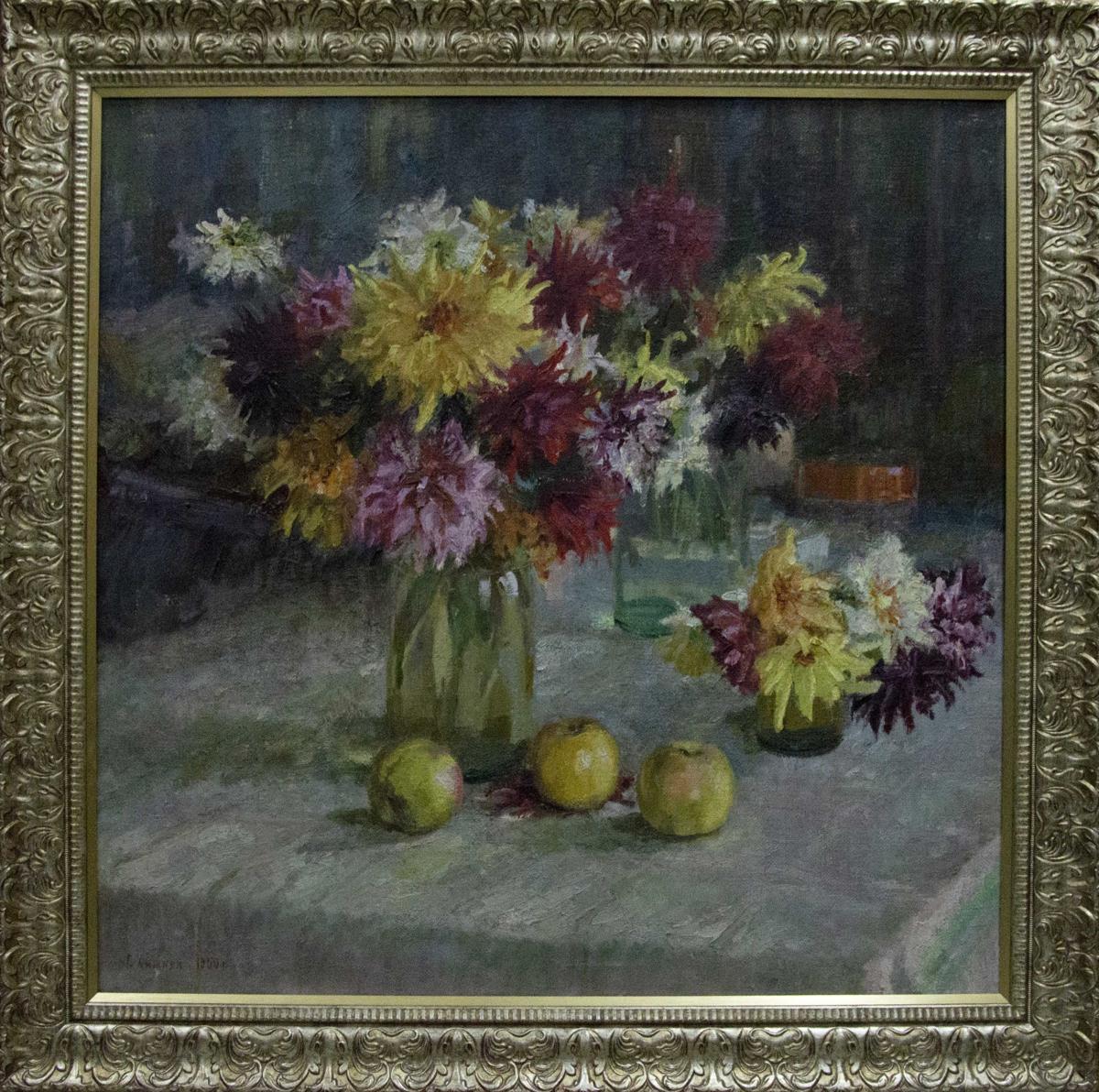 Oil painting of vibrant mixed-color dahlia bouquet in vase by Khizhnyak Grigory Emelyanovich