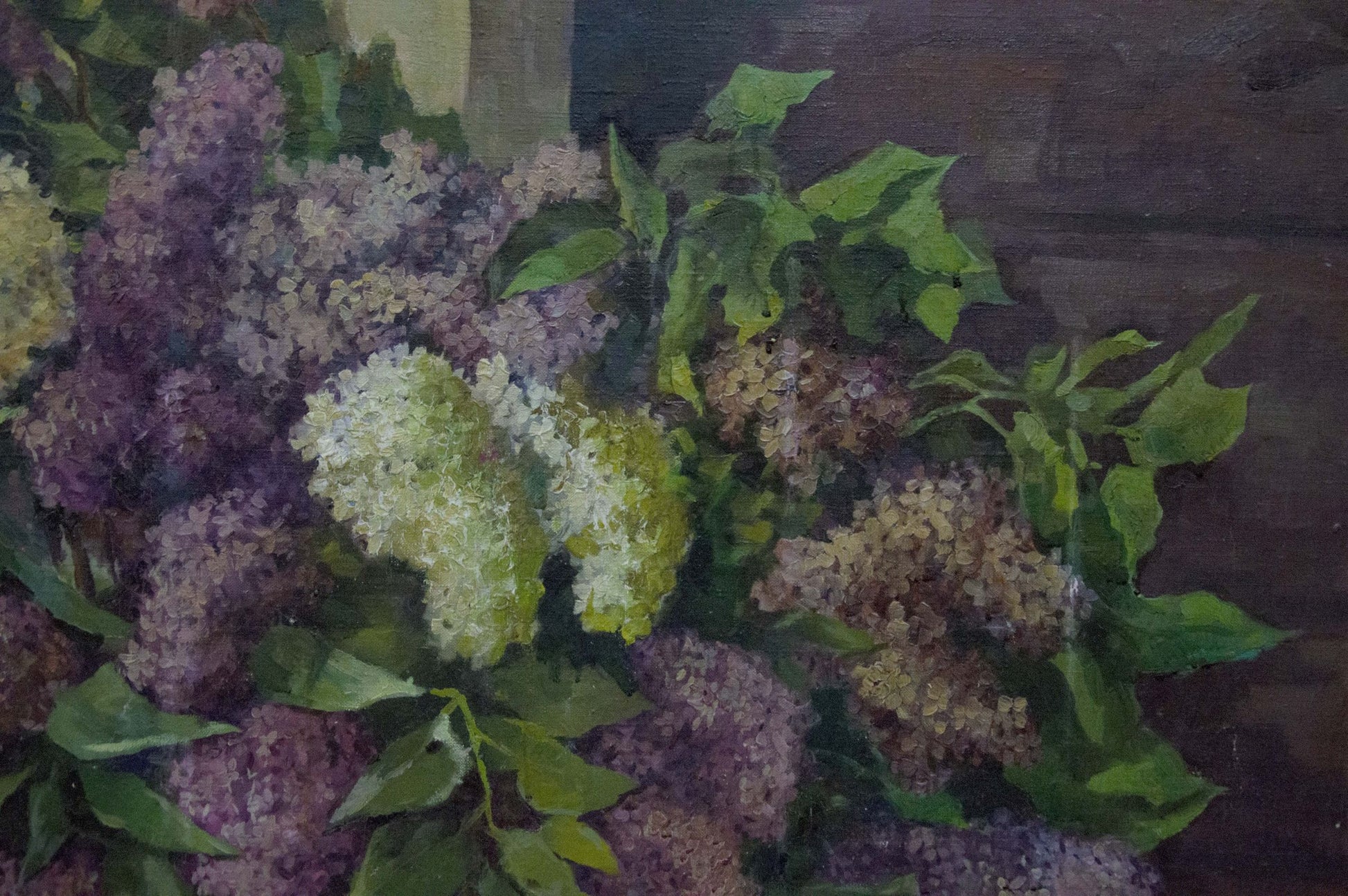 Oil painting of lilac blossoms near window by unknown artist