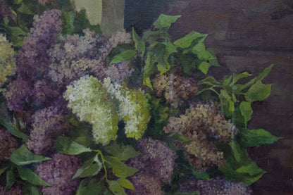 Oil painting of lilac blossoms near window by unknown artist