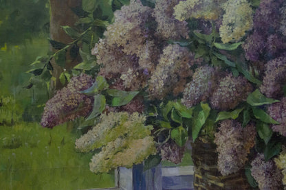 Oil painting of lush lilac bouquet near window in purple hues