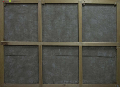 Back of wooden-framed oil painting Lilac near the window, six-panel gray fabric backing
