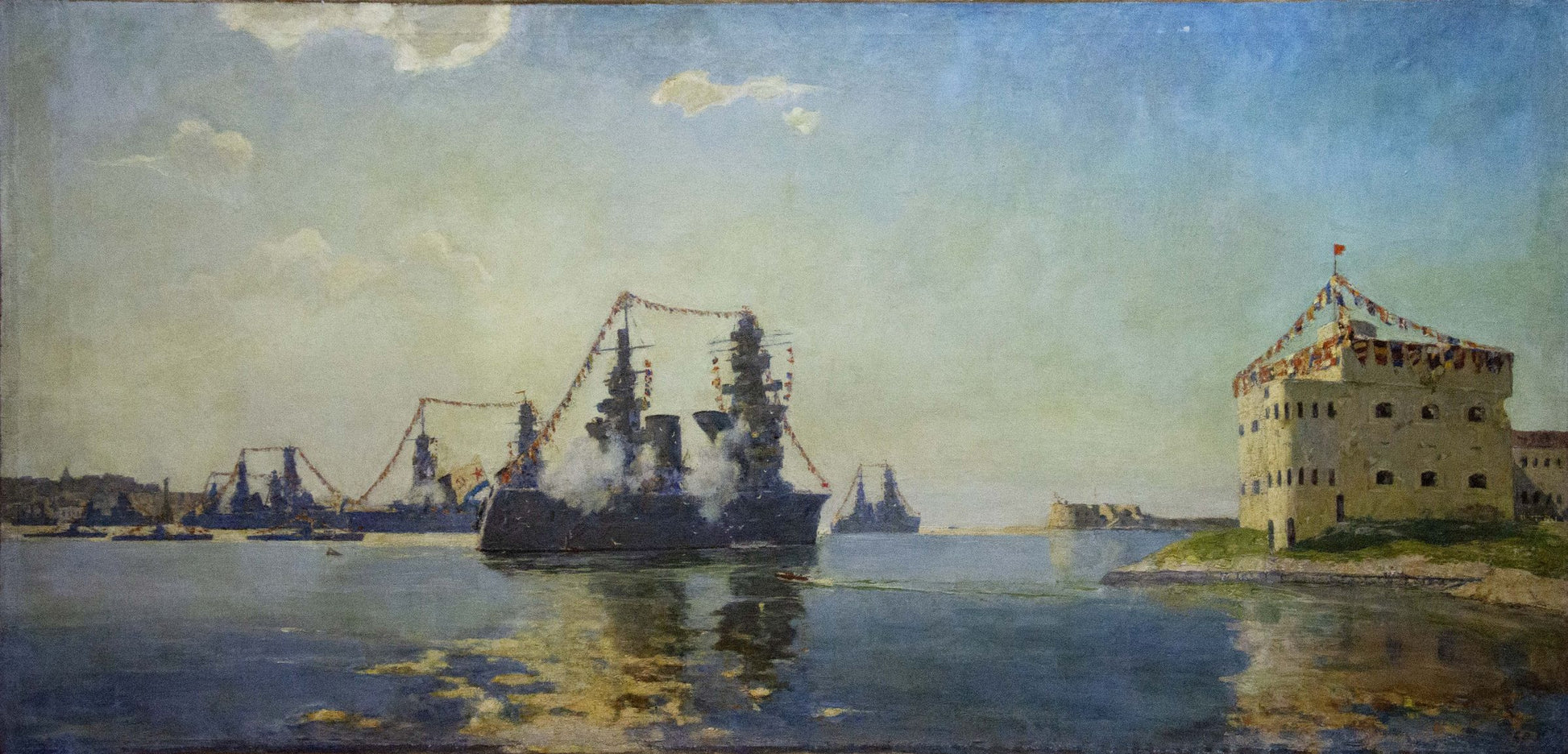Oil painting by Vladimirov Sergey Sidorovich of dark battleship with gun turrets and deck smoke
