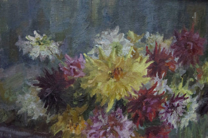 Vibrant oil painting of dahlia bouquet by Khizhnyak Grigory Emelyanovich
