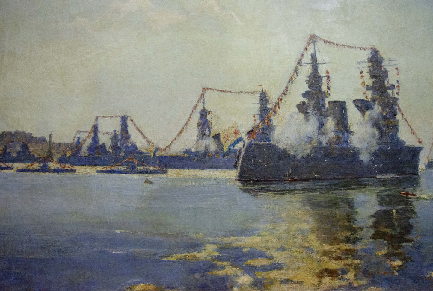 Oil painting by Vladimirov Sergey Sidorovich: dark battleship with garlands