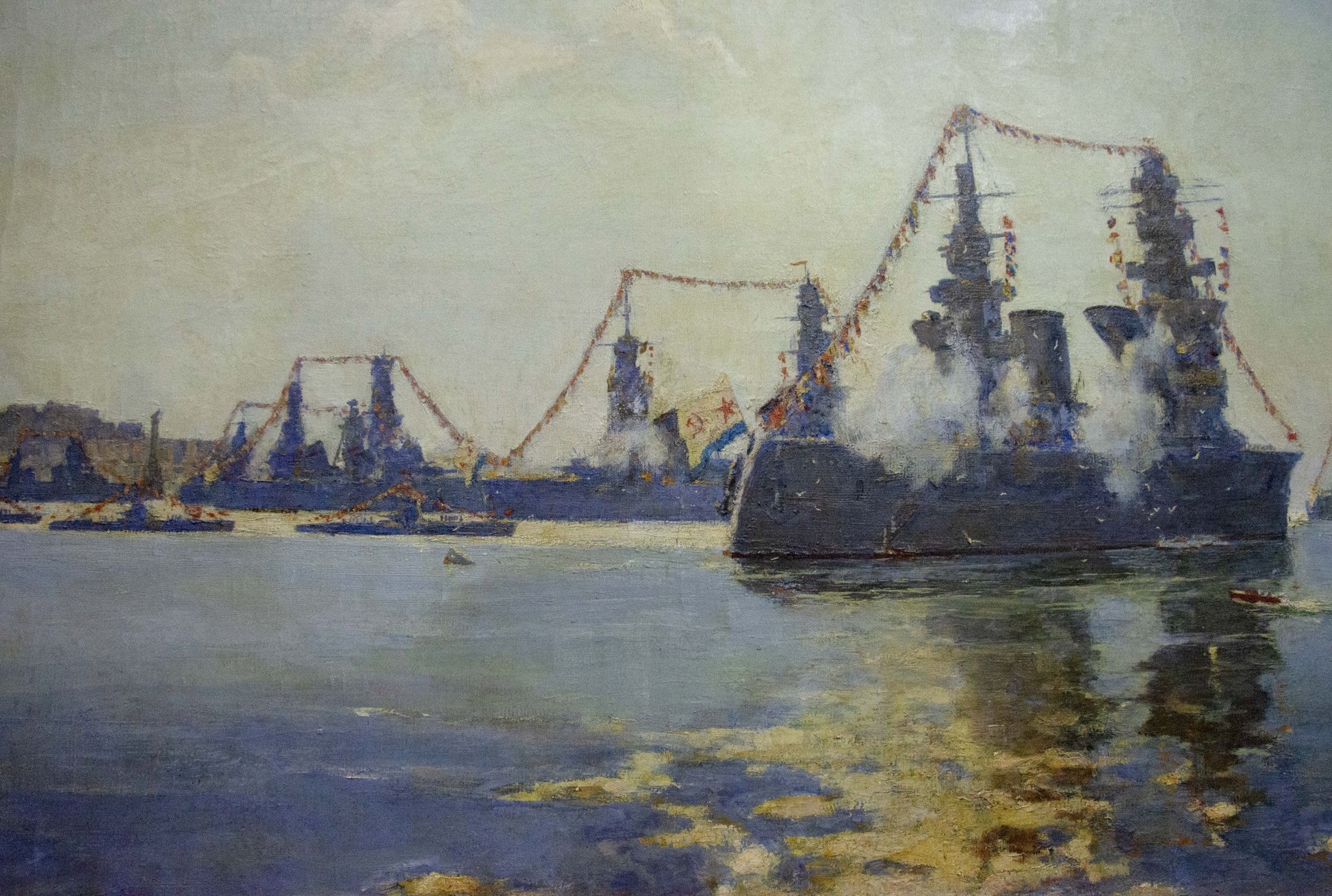 Oil painting by Vladimirov Sergey Sidorovich: dark battleship with garlands