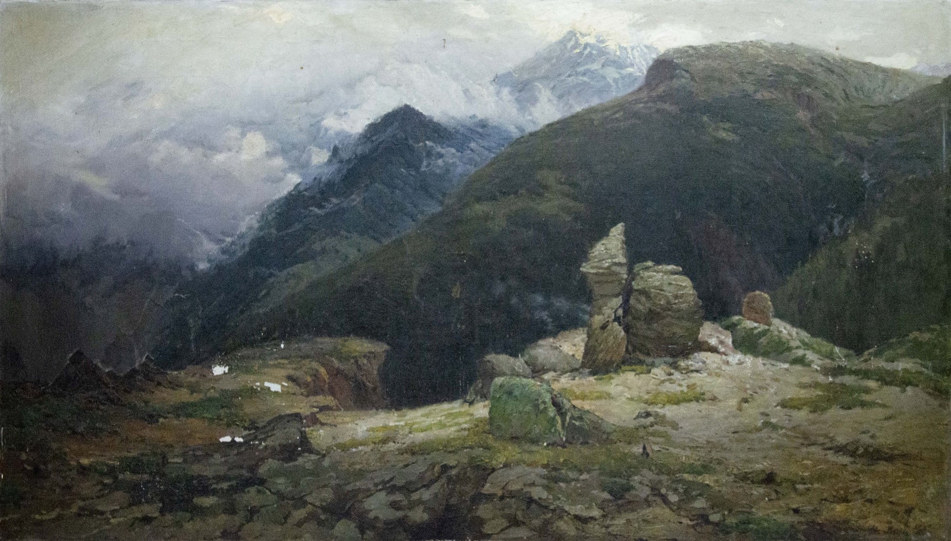 Oil painting of rugged moss-covered Caucasus mountain rock formation