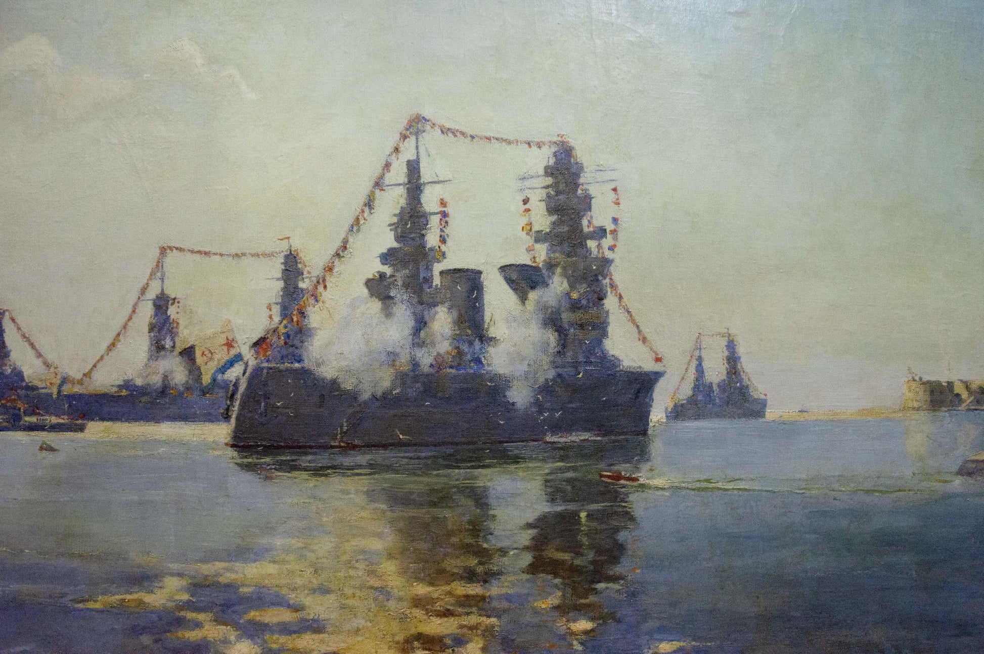 Oil painting by Vladimirov Sergey Sidorovich: dark battleship with garlands