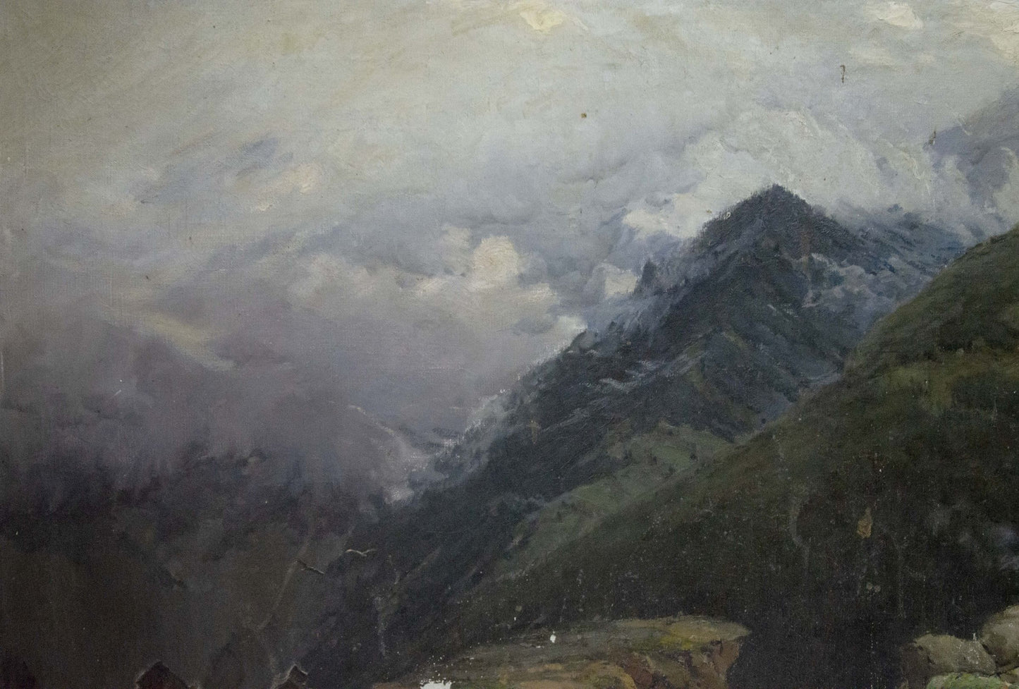 Moody impressionistic oil painting of Caucasus mountain range under cloudy sky