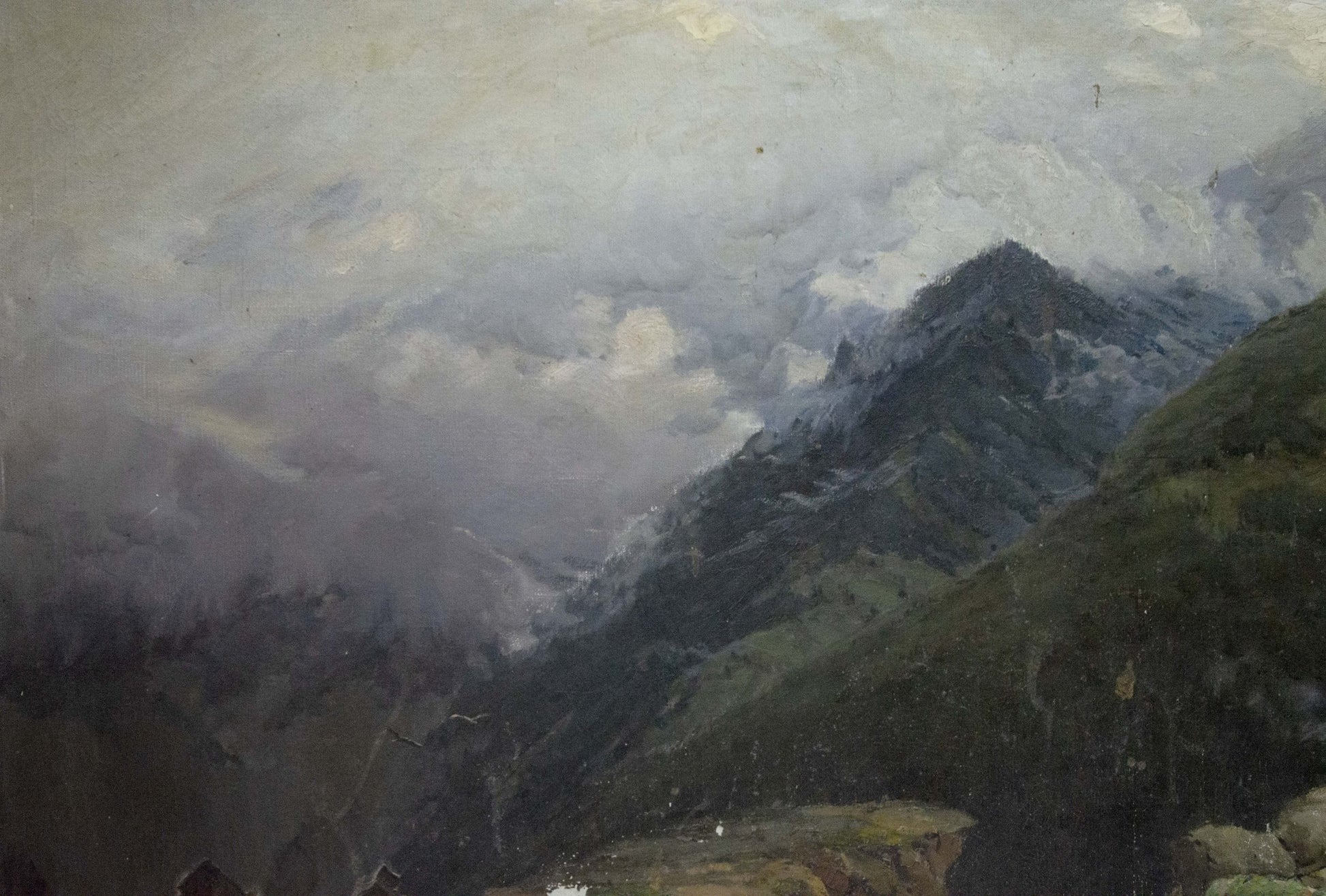 Moody impressionistic oil painting of Caucasus mountain range under cloudy sky
