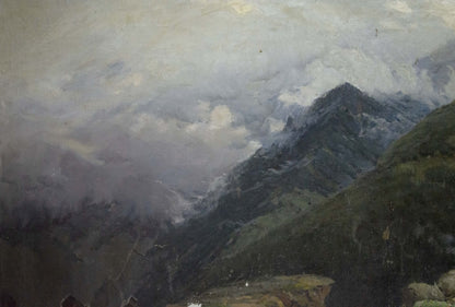 Moody impressionistic oil painting of Caucasus mountain range under cloudy sky