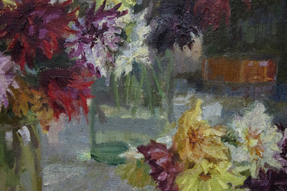 Oil painting of vibrant purple yellow flowers in vase by Khizhnyak Grigory Emelyanovich