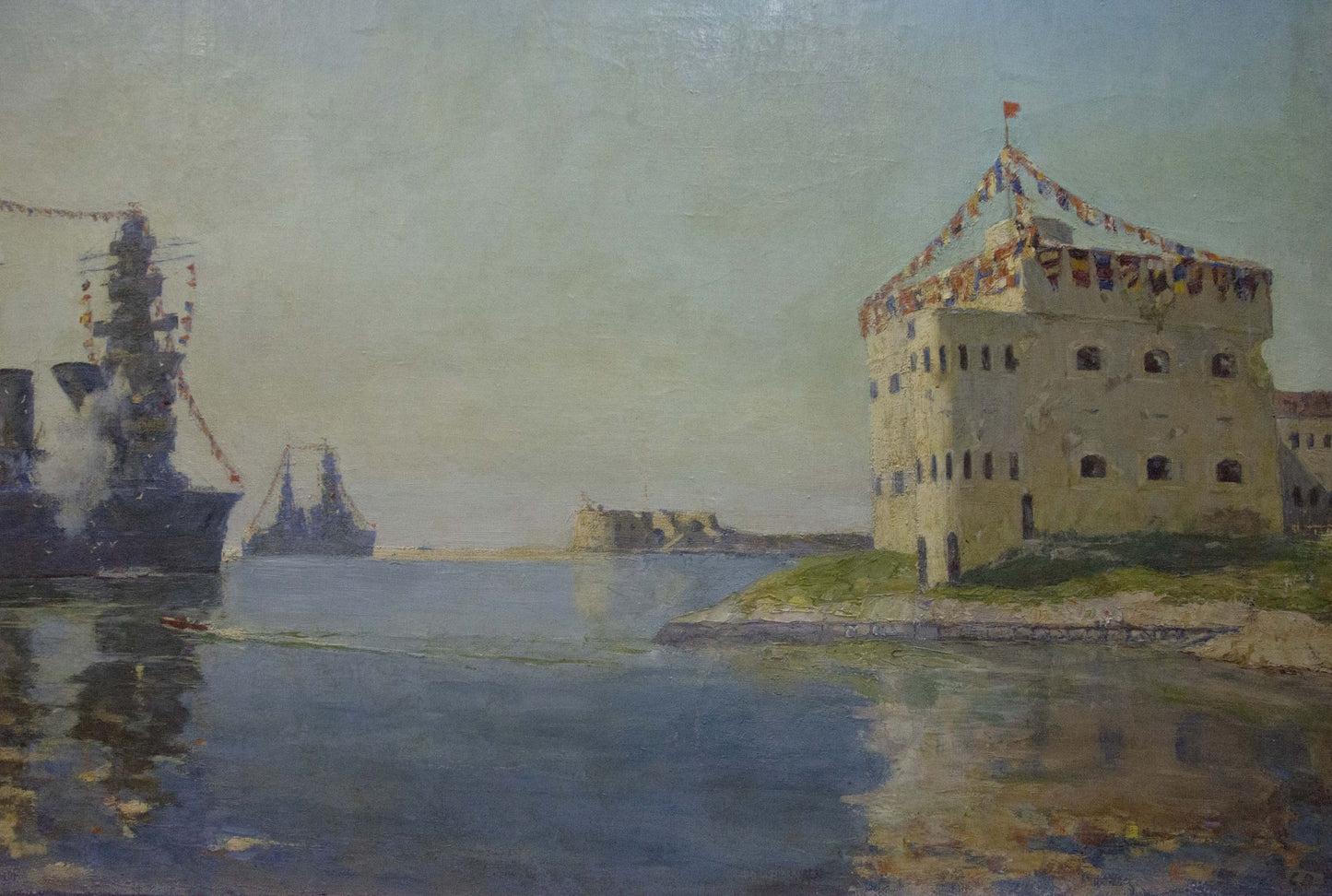 Oil painting by Vladimirov Sergey Sidorovich: fortress, flags, harbor ships