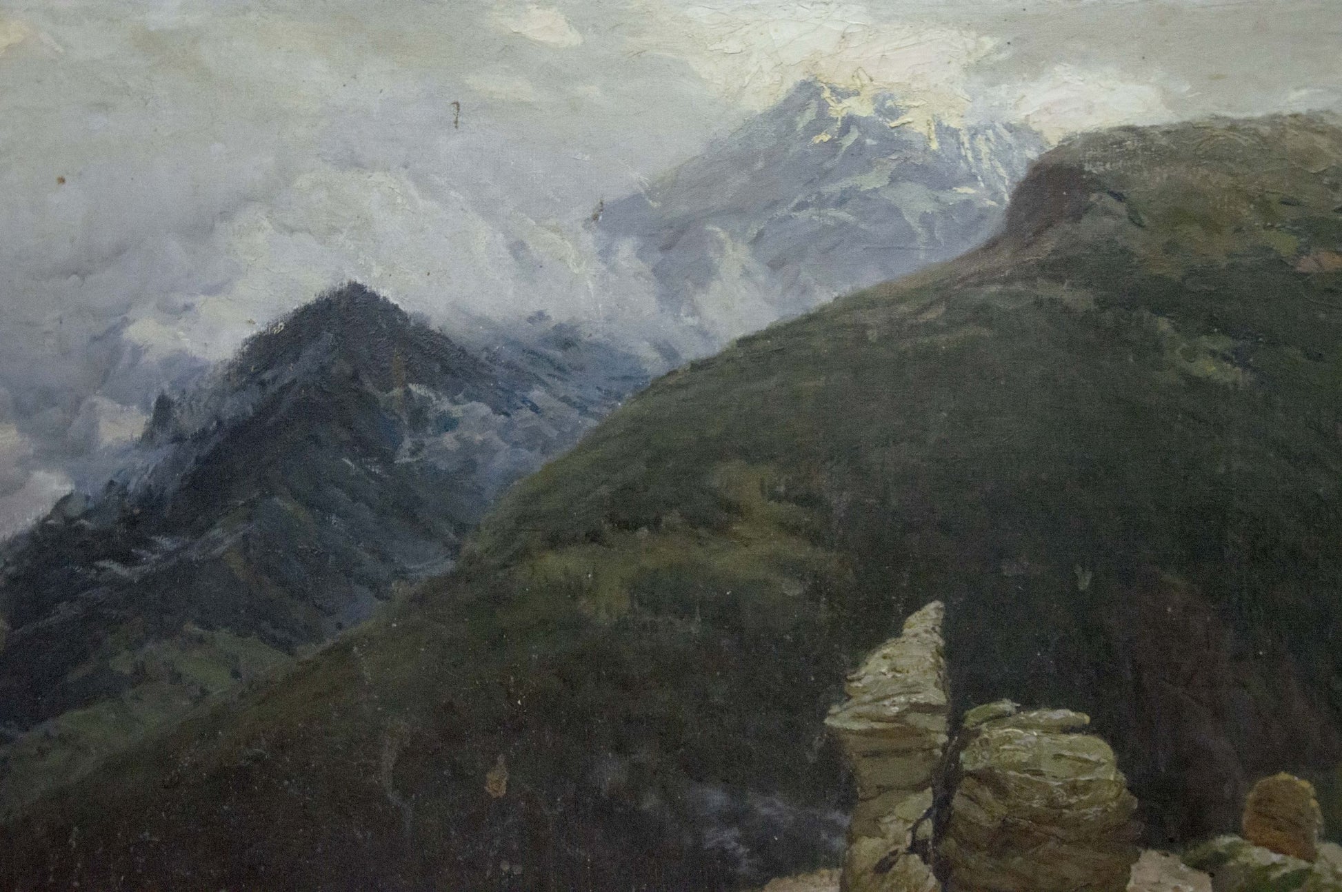 Oil painting Caucasus: textured rugged mountains with snow peaks and mist