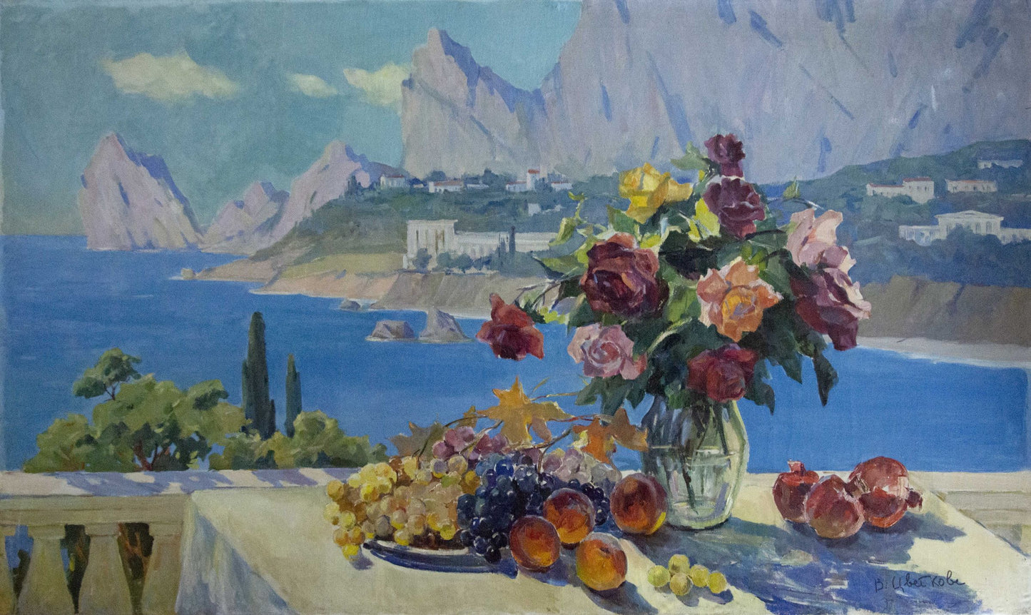 Oil painting of vibrant mixed roses in vase by Tsvetkova Valentina Petrovna