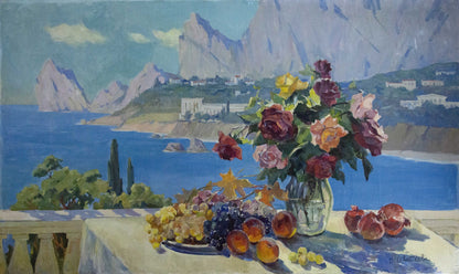 Oil painting of vibrant mixed roses in vase by Tsvetkova Valentina Petrovna