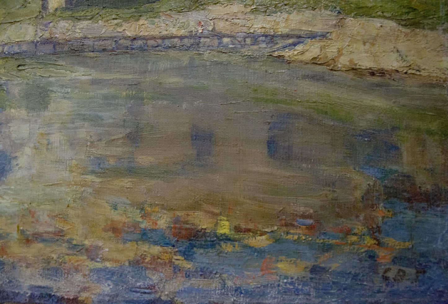 Impressionistic oil painting by Vladimirov Sergey Sidorovich of riverbank landscape with ships