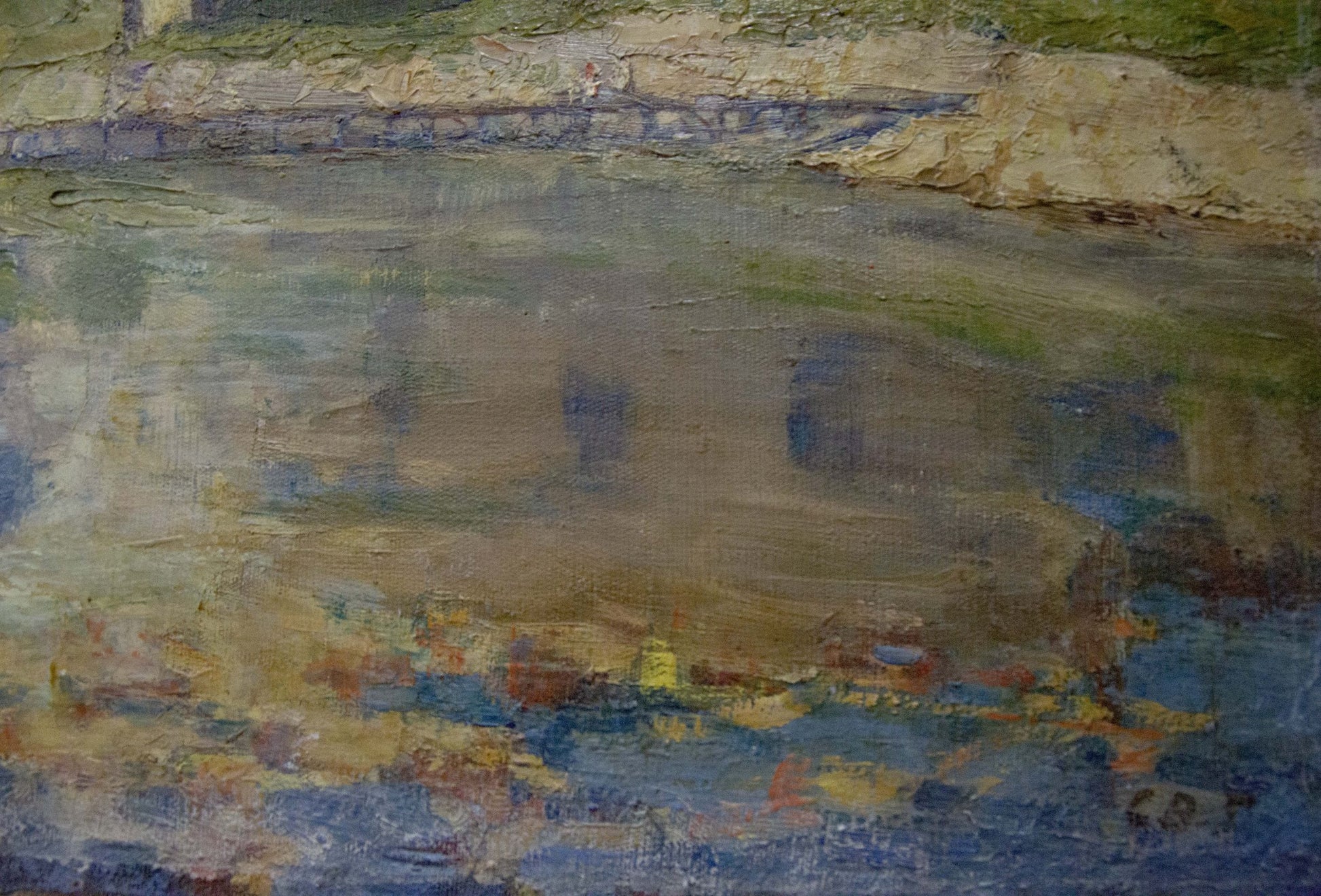 Impressionistic oil painting by Vladimirov Sergey Sidorovich of riverbank landscape with ships