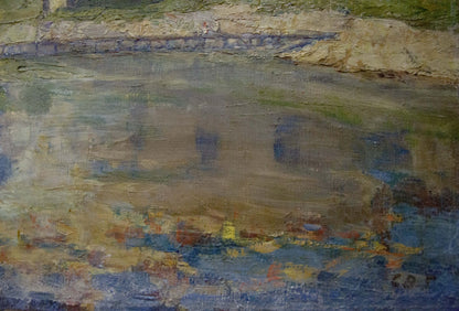 Impressionistic oil painting by Vladimirov Sergey Sidorovich of riverbank landscape with ships