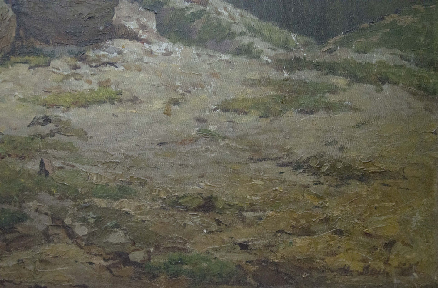 Oil painting Caucasus: rugged rocky landscape with green vegetation