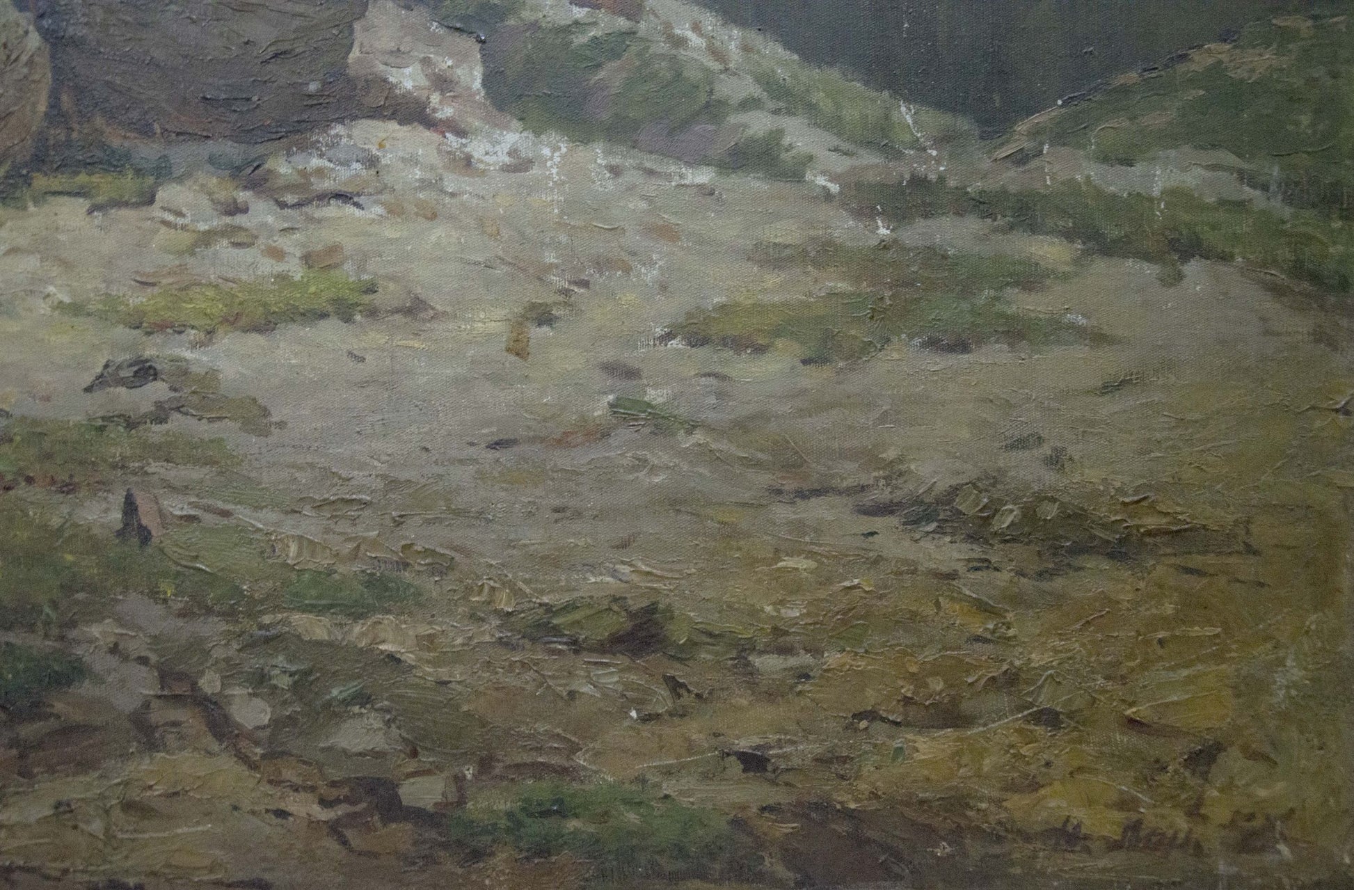 Oil painting Caucasus: rugged rocky landscape with green vegetation