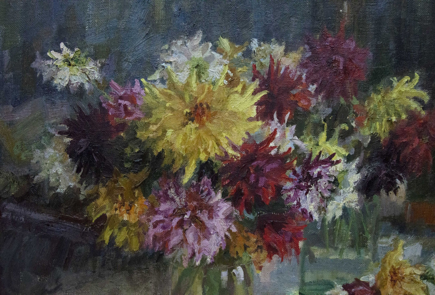 Oil painting of vibrant dahlias bouquet by Khizhnyak Grigory Emelyanovich
