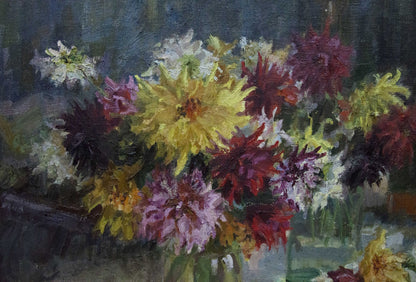 Oil painting of vibrant dahlias bouquet by Khizhnyak Grigory Emelyanovich