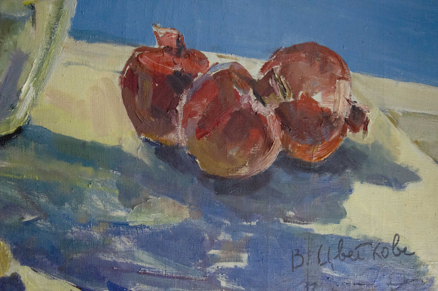 Three pomegranates on painted surface in Tsvetkova Valentina Petrovna oil painting