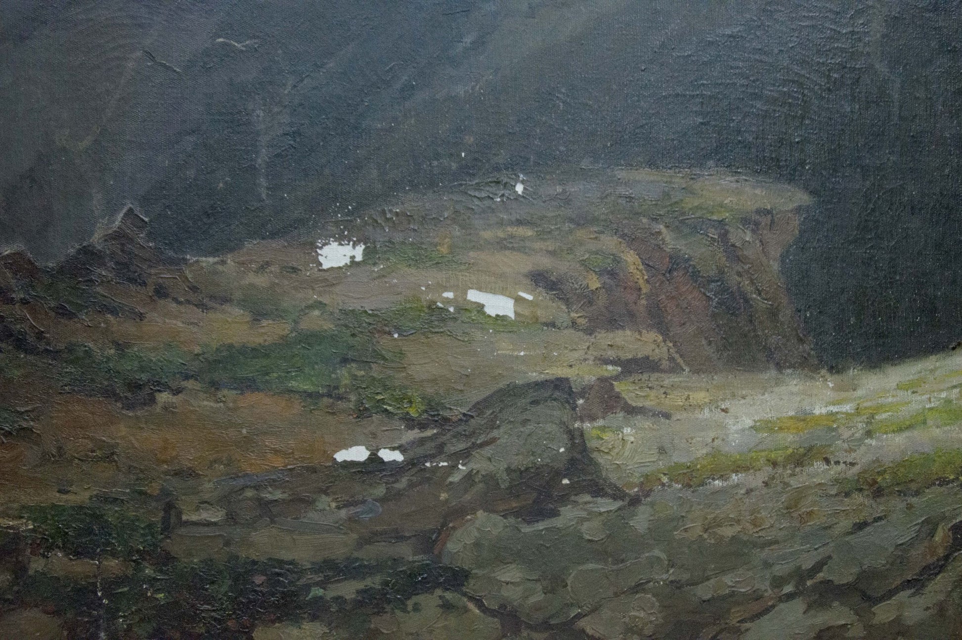 Oil painting Caucasus: rugged rocky landscape under dark sky