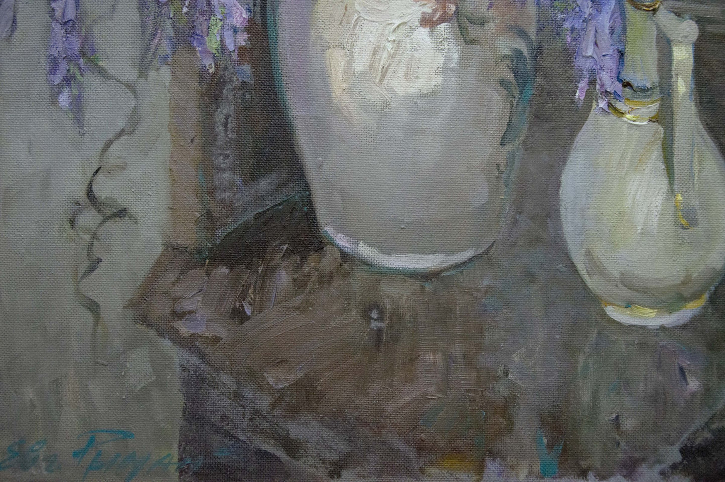 Oil painting Still Life with Wisteria Ryman Evgeny Nikolaevich off-white ceramic pitcher