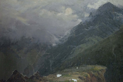 Oil painting Caucasus: moody impressionistic rugged mountains misty peaks valleys