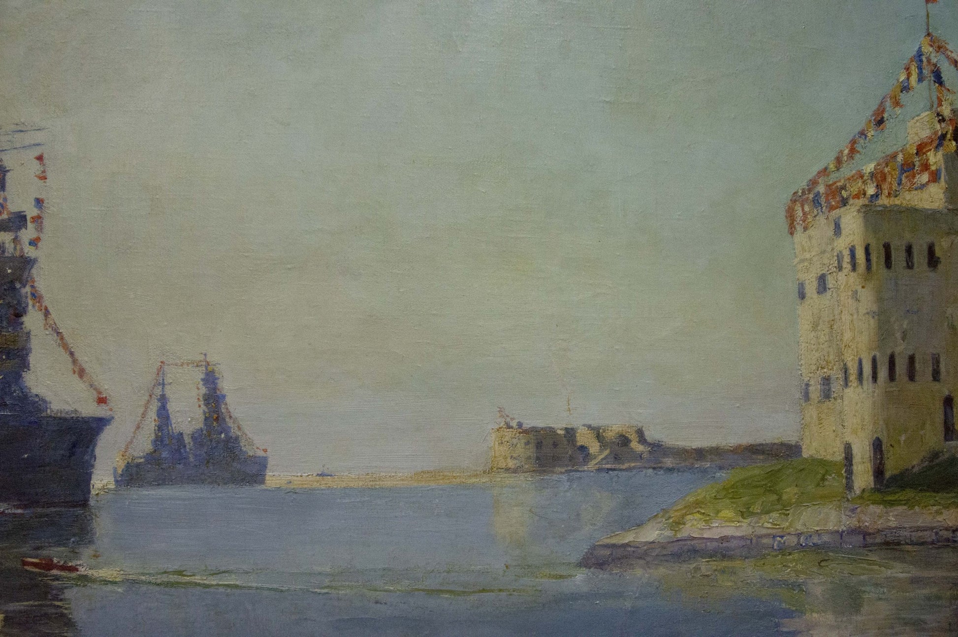 Oil painting by Vladimirov Sergey Sidorovich: impressionistic harbor with ships