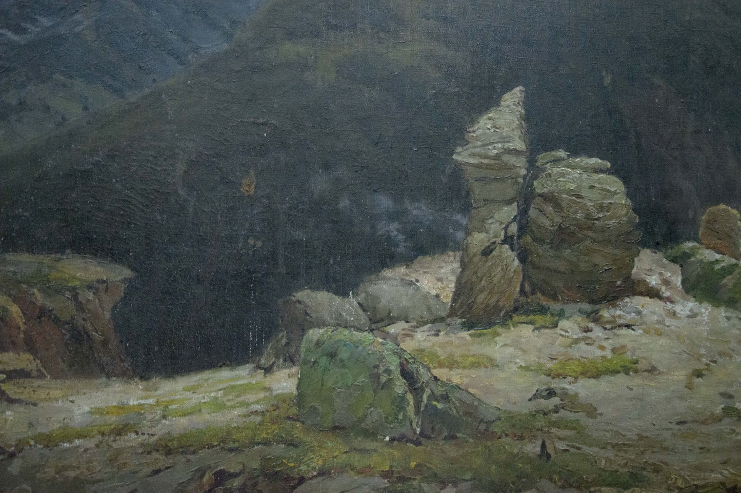 Oil painting Caucasus: towering weathered rock formations in mossy landscape