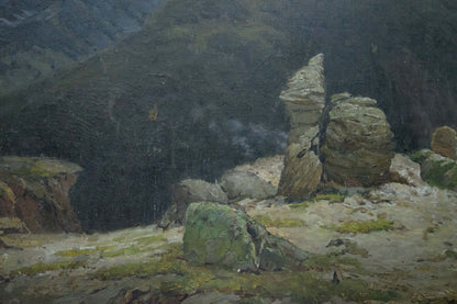 Oil painting Caucasus: towering weathered rock formations in mossy landscape