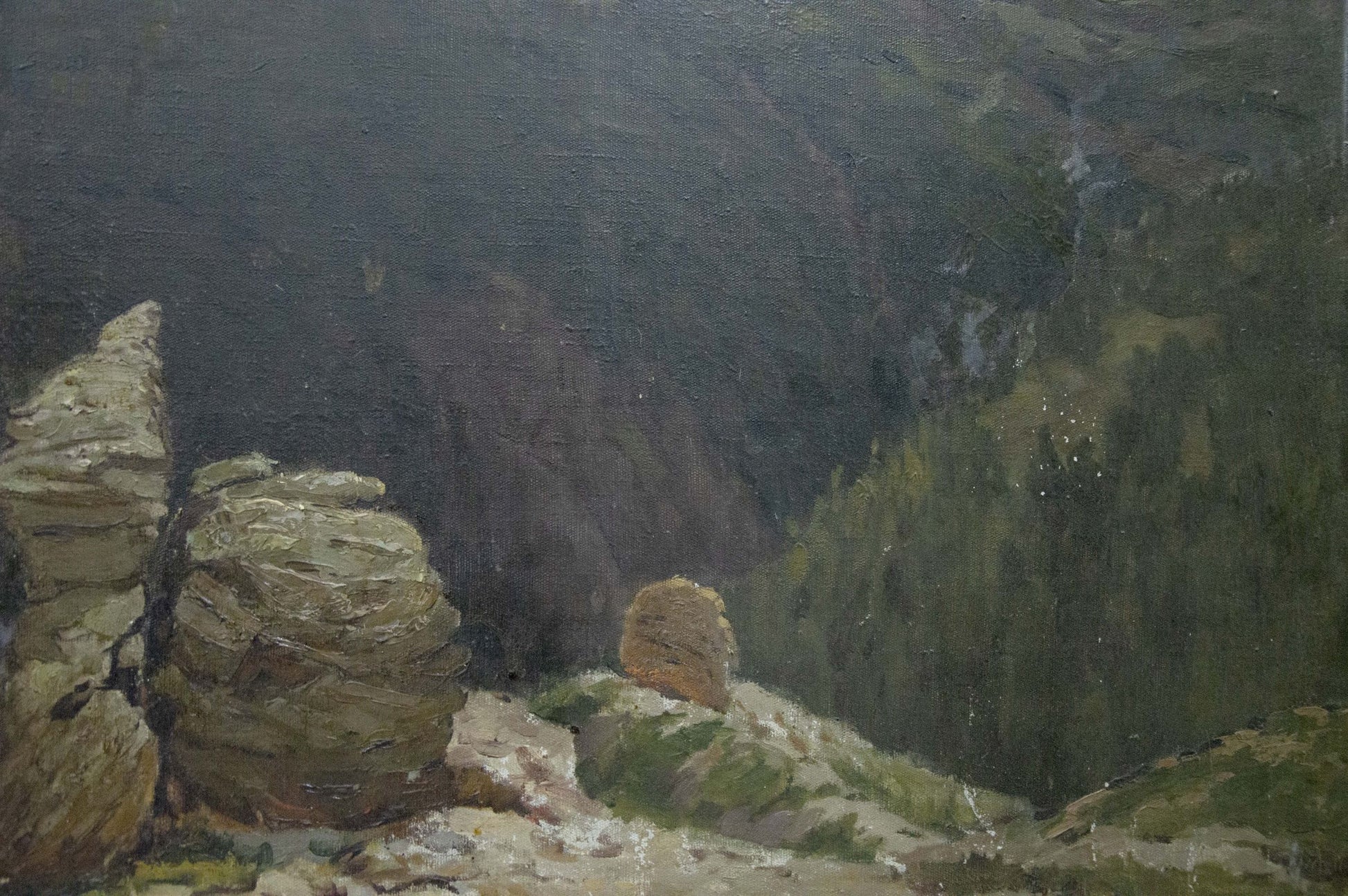 Oil painting Caucasus: rugged rocks, dense forest in mountains