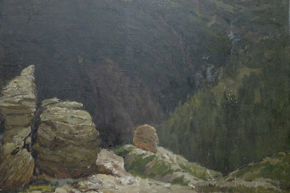Oil painting Caucasus: rugged rocks, dense forest in mountains