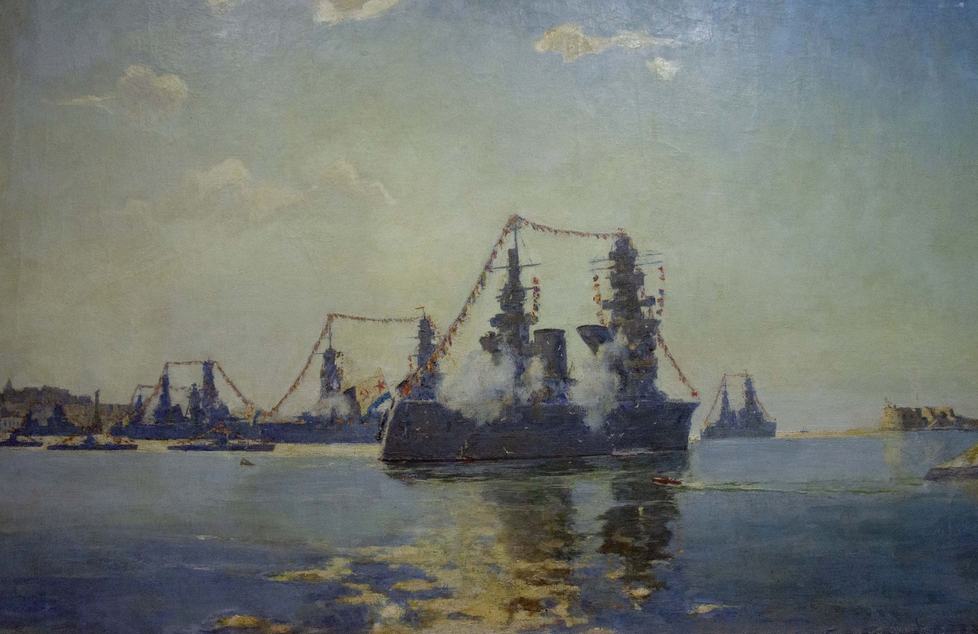Oil painting by Vladimirov Sergey Sidorovich: dark battleship with gun turrets