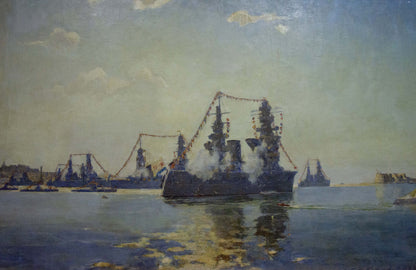 Oil painting by Vladimirov Sergey Sidorovich: dark battleship with gun turrets