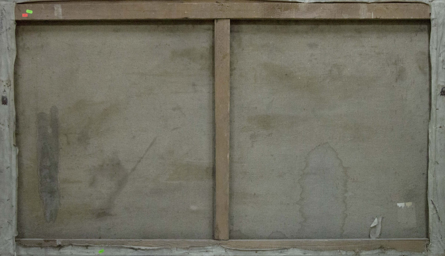 Back of Oil painting Caucasus canvas with wooden stretcher bars and faded gray paint