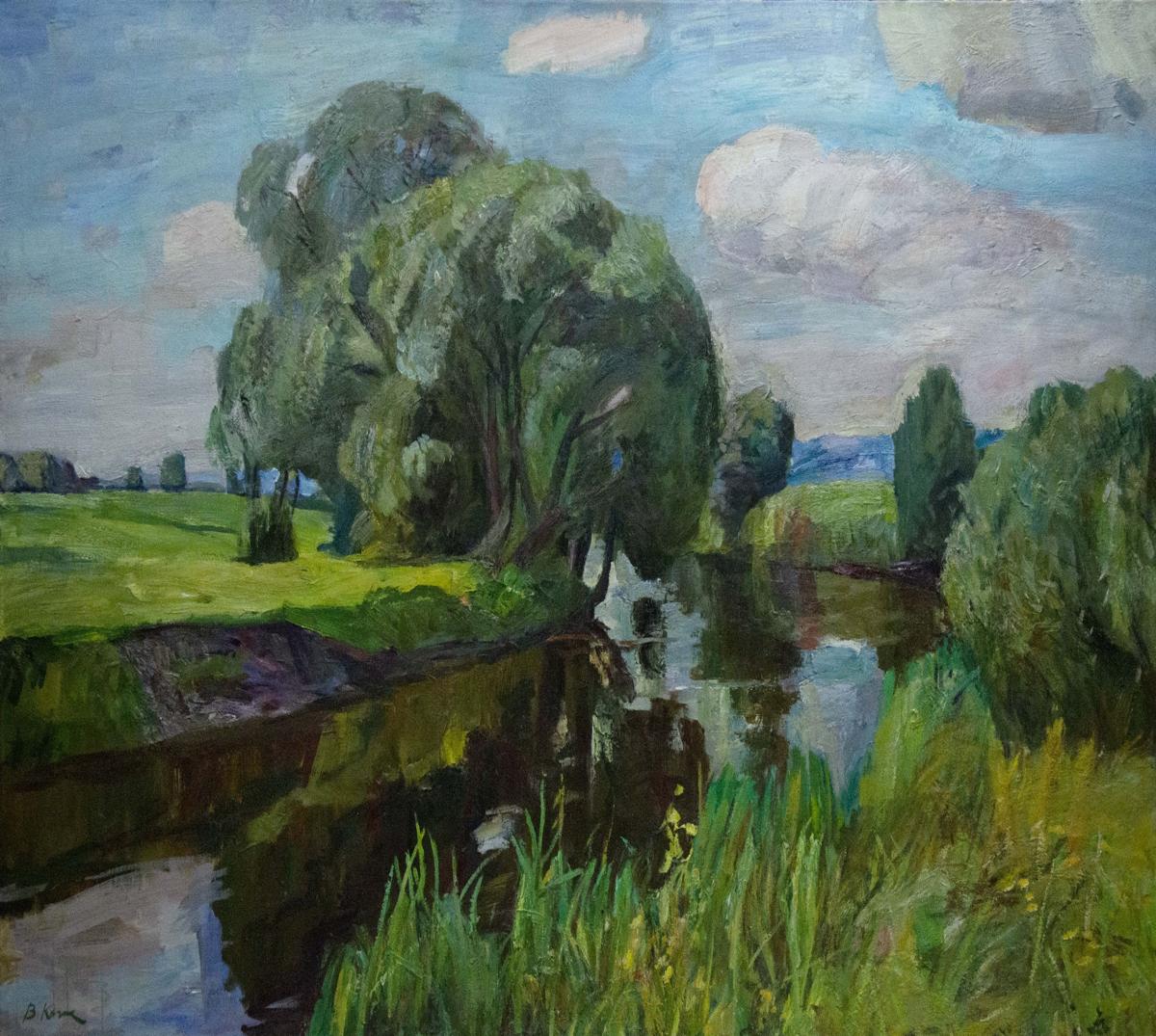 Oil painting of lush willow tree by river by Kozik Victor Georgievich