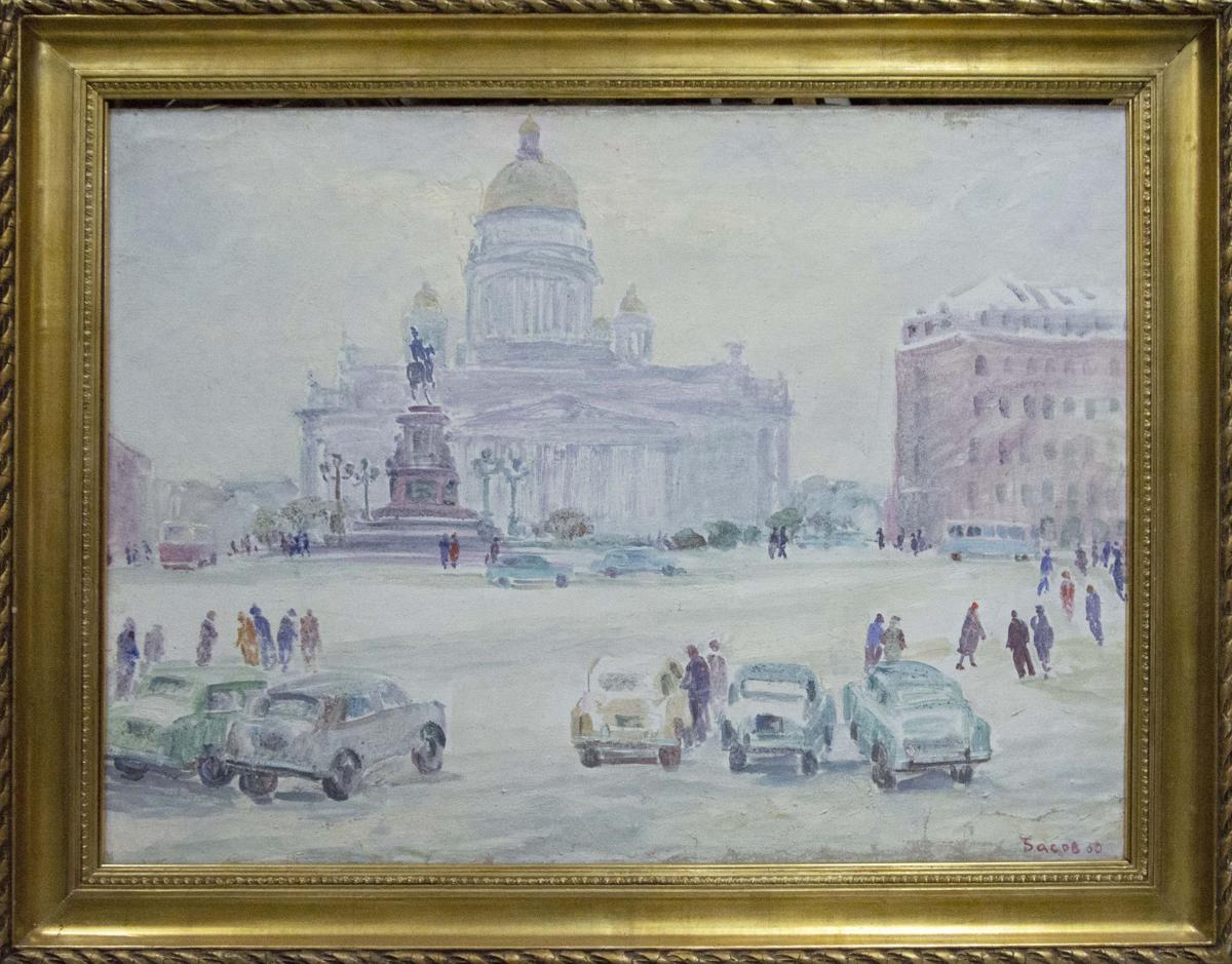 Watercolor city square painting by Yakov Basov in gold frame
