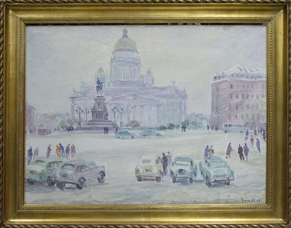 Watercolor city square painting by Yakov Basov in gold frame