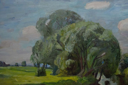 Oil painting of lush green tree in river landscape by Kozik Victor Georgievich