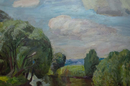 Serene oil painting by Kozik Victor Georgievich: lush green trees under blue sky