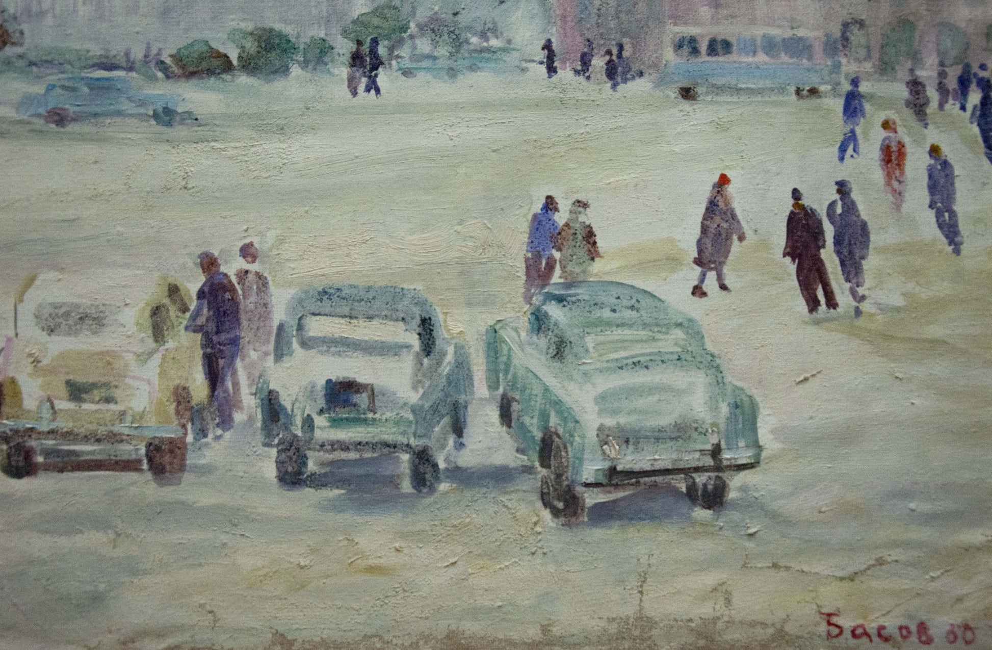 Oil painting by Yakov Alexandrovich Basov of vintage cars on snowy street