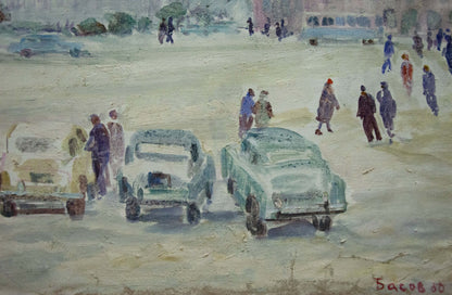Oil painting by Yakov Alexandrovich Basov of vintage cars on snowy street