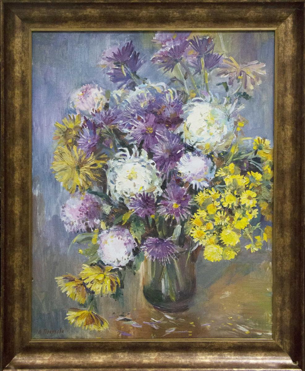 Oil painting of vibrant purple white yellow asters by Polyakova Lyudmila Valentinovna