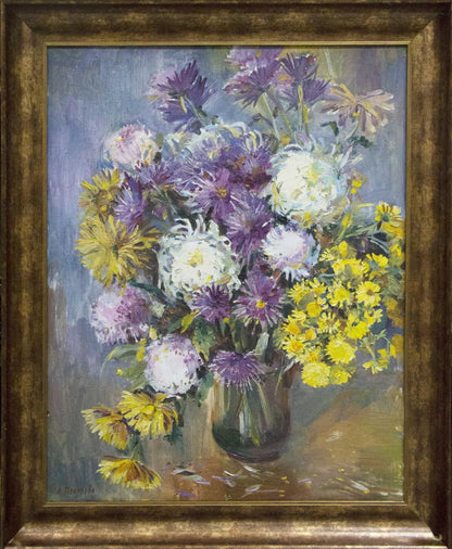 Oil painting of vibrant purple white yellow asters by Polyakova Lyudmila Valentinovna