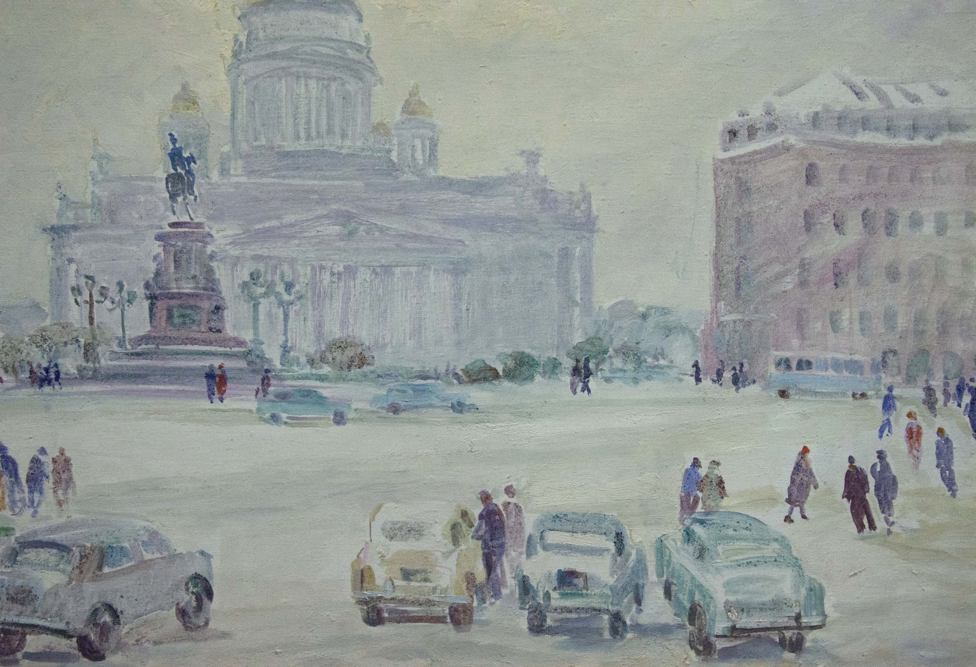 Oil painting of Yakov Basov bustling city square with cathedral and statue in snow